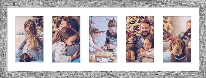 8x24 Collage frame with 5 Openings 4X6 Pictures, Multiple Picture Frame with Mat, Wall or Tabletop Decor, Grey Wood Grain (1 Pack)