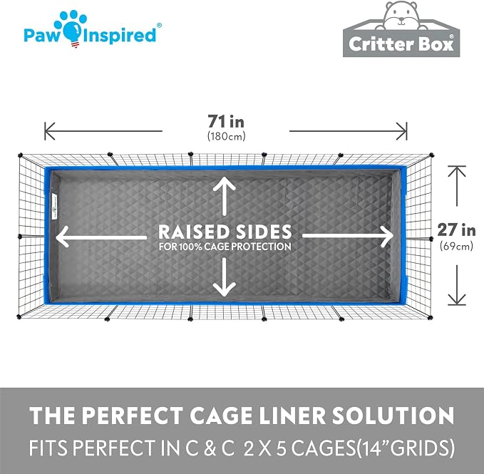 Paw Inspired Critter Box Cage Liner, Raised Sides, C&C 2x5 Size | Washable Fleece Bedding for Guinea Pigs Rabbits, Hamsters, Small Animals, Edge Protected Pee Pads