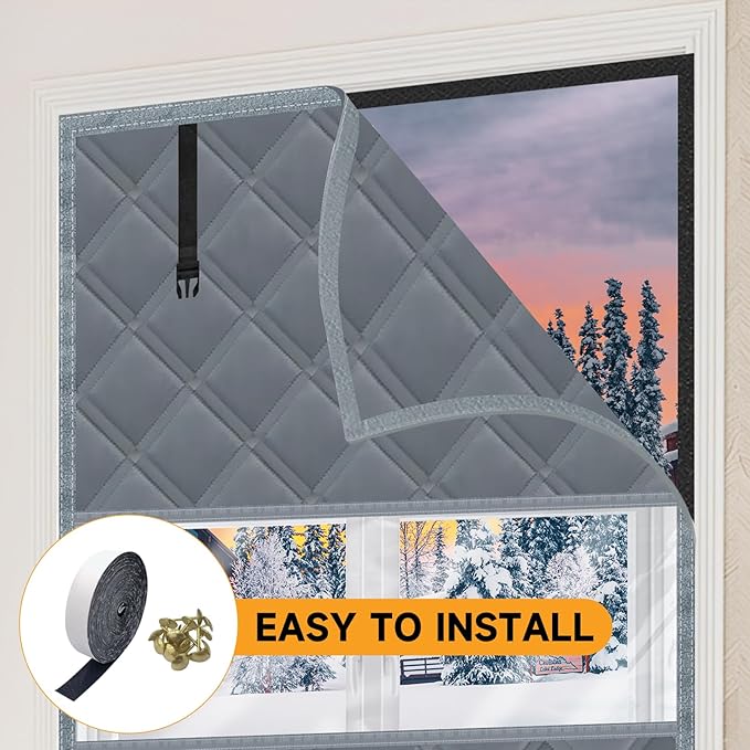 Winter Visible Insulated Window Curtain 47"x63", Oxford Cloth Thermal Insulated Window Cover with Buckles,Heavy Duty Window Insulation Kit Fits Windows up to 46"x62",Grey