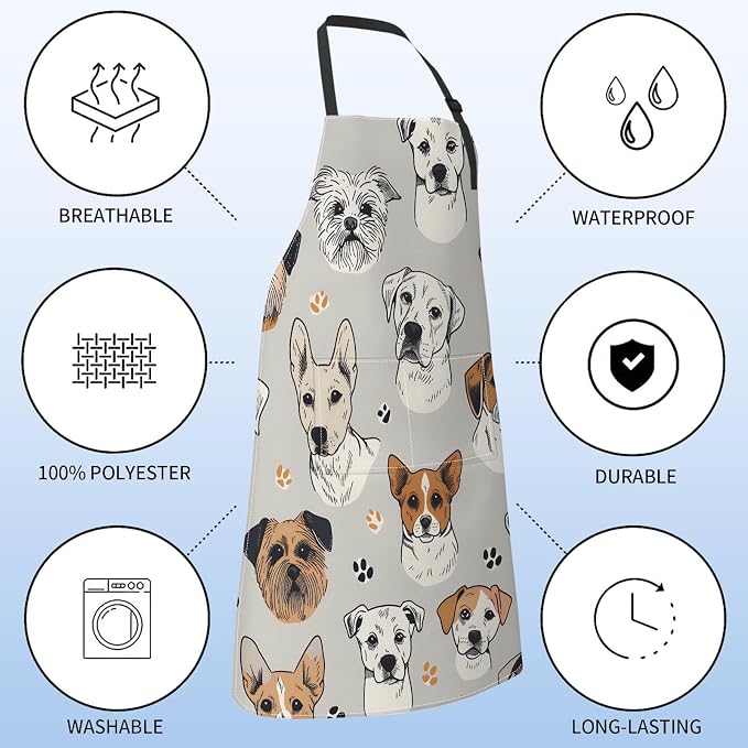 Cute Dog Face Apron for Women,28x33in,Fun Puppy Kitchen Aprons with 2 Pockets,Oxford Fabric,Pet Lovers Adjustable Apron for Cooking Baking Gardening Chef,Gifts for Mom Wife