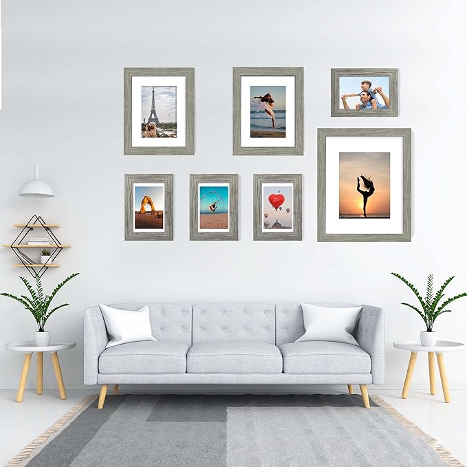 4x6 Picture Frame Set of 4, Made of Real Glass and Grey Wooden Frame, 4 by 6 Photo for Wall or Tabletop - Display Picture 3.5x5 with Mat or 4x6 Without Mat
