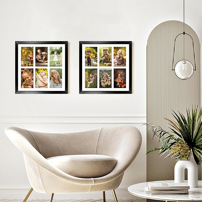 13x13 Collage frame with 6 Openings 4X6 Pictures, Multiple Picture Frame with Mat, Wall or Tabletop Decor, Black Wood Grain,2 Pack