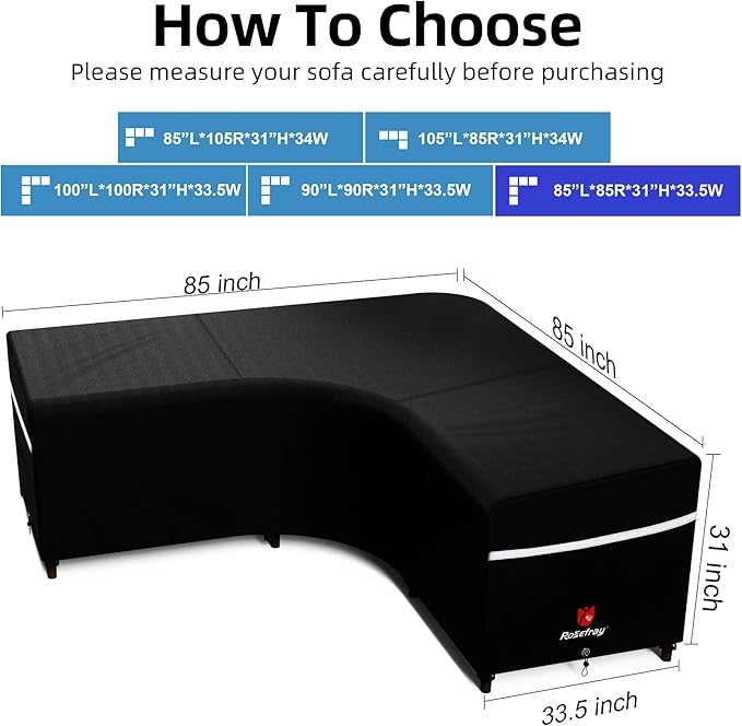 Rosefray Outdoor V-Shaped Sectional Cover - 600D Patio Sectional Sofa Cover, Waterproof Furniture Covers for Deck, Lawn，Backyard 85”x85”Black