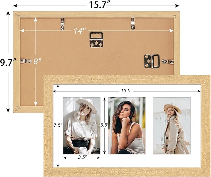 8x14 Collage frame with 3 Openings 4X6 Pictures, Multiple Picture Frame with Mat, Wall or Tabletop Decor, Natural Grain (1 Pack)