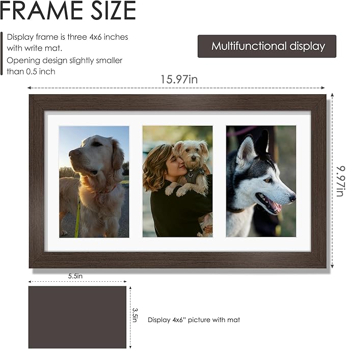8x14 Collage Picture Frame 4x6 Collage Picture Frame Displays Three 4x6 inch Photos or 8x14 (Without Mat) for Available Horizontal Wall Mounting Display and Vertical Walnut