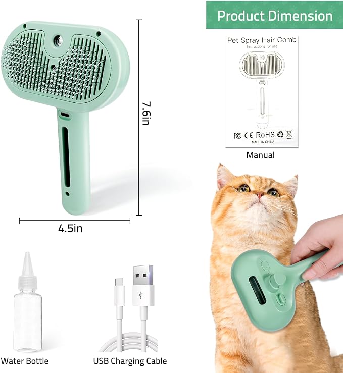 Bunny Ferret Steam Brush Release Button Self Cleaning Spray Comb for Long and Short Hair Cats Rechargeable Steaming Cat Grooming Brush Steamer to Remove Loose Hair (Green)