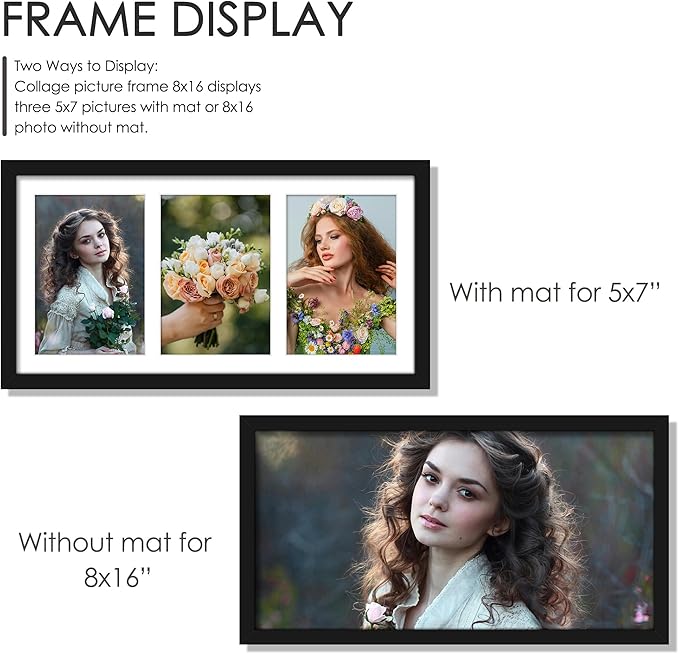 8x16 Collage Picture Frame, 5x7 Collage Picture Frame Displays Three 5x7 inch Photos, or 8x16 (Without Mat) for Available Horizontal Wall Mounting Display and Vertical, Black.