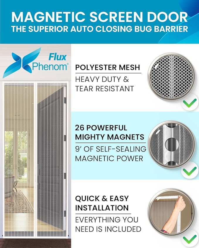 Flux Phenom Magnetic Screen Door Mesh 38x82 Inch – Easy Install, Strong Magnet Strength, Self-Sealing Mesh, Pet Tested, Hands-Free Entry, Door Screen Magnetic Closure, Keeps Bugs Out - White