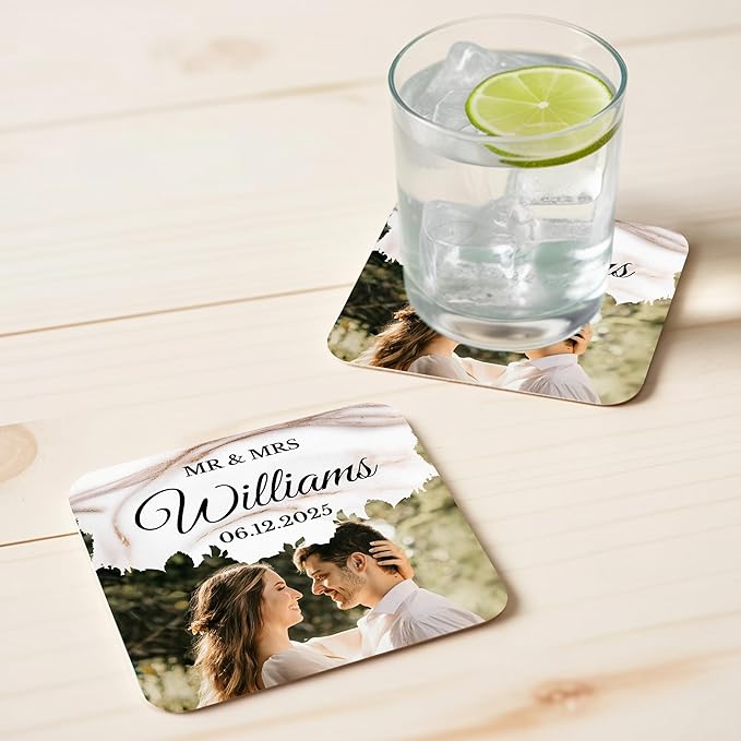 100 Pack Personalized Wedding Coasters, Custom Cardboard Coasters for Drinks with Photo Print and Text, Keepsake Wedding Favors and Gifts for Couples, 4x4 Square, Design 6