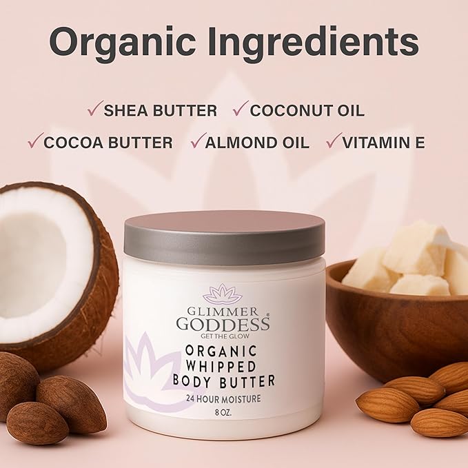 Glimmer Goddess Organic Whipped Body Butter for Women - Moisturizer Cream with Shea & Cocoa Butter, Almonds & Coconut Oil - Mango Vanilla, 8oz
