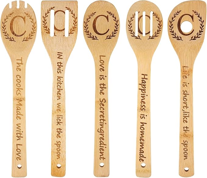 5PCS Initial Wooden Cooking Spoons Initial Letter Kitchen Decor Gifts Personalized Monogrammed Birthday Gifts for Women Mom Friend Housewarming Wedding Bamboo Cooking Spoons