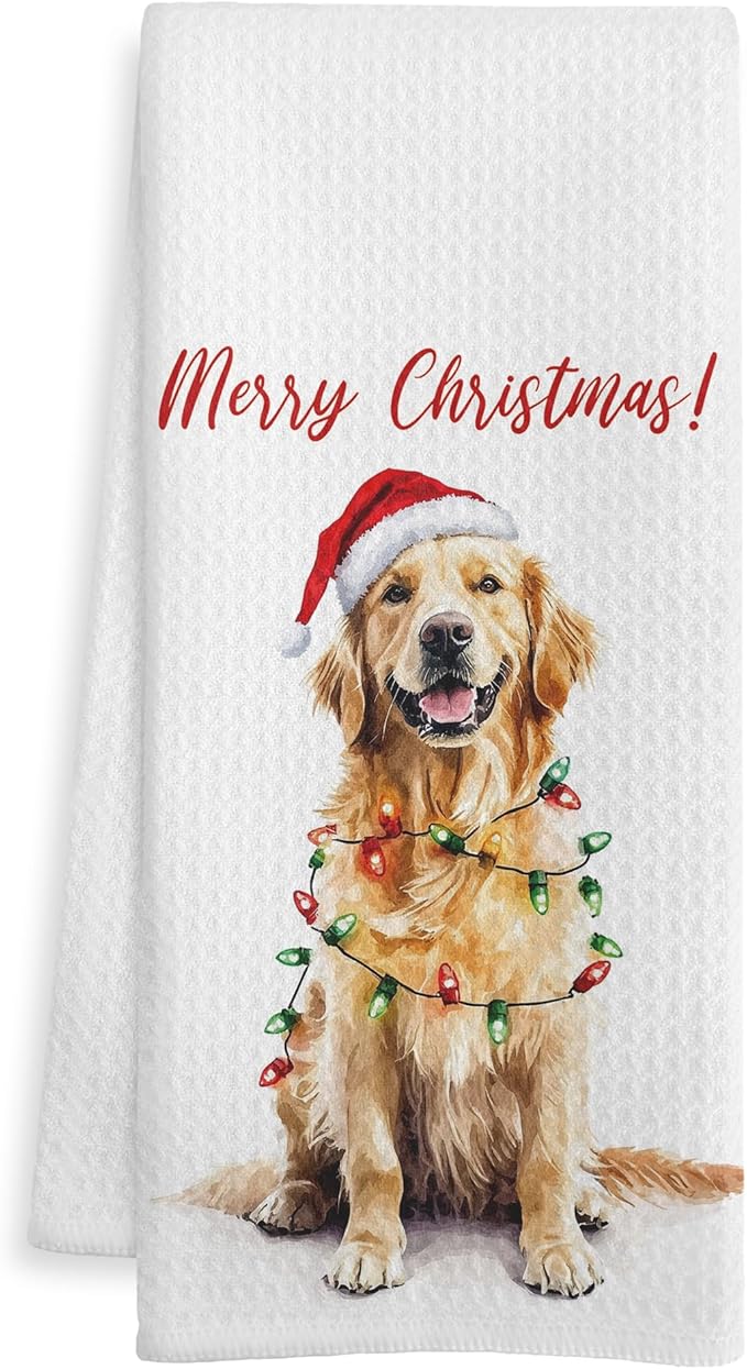 Golden Retriever Christmas Kitchen Towels, Golden Retriever Gifts for Women Men Dish Tea Towels, Dog Lover Gifts Decorative Hand Towel for Bathroom, Christmas Bathroom Decor, 16X24 Inch