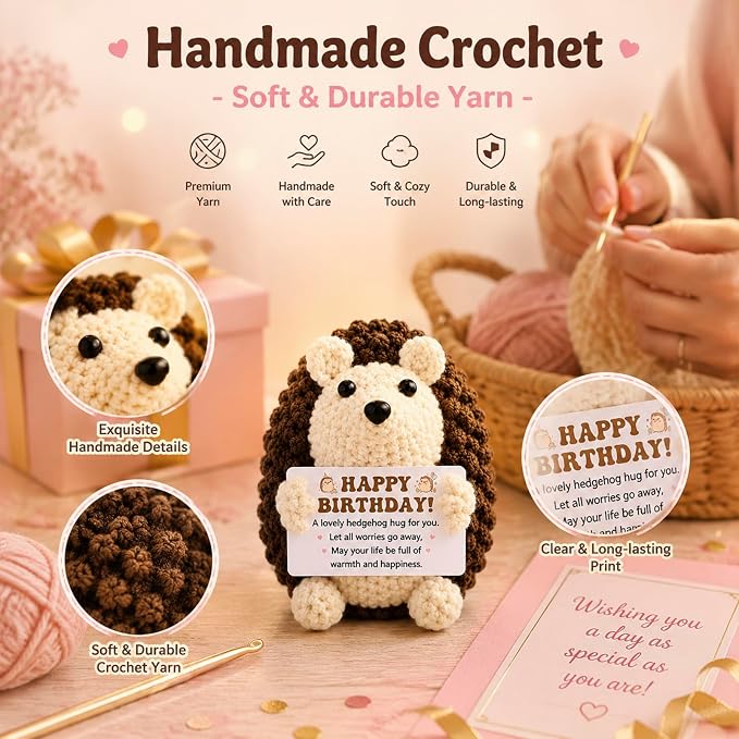 Funny Happy Birthday Gifts for Women Men,Handmade Crochet Hedgehog Gifts | Cute Inspirational Encouragement Cheer Up Birthday Gifts,Happy Birthday Gifts Idea Bday Decorations