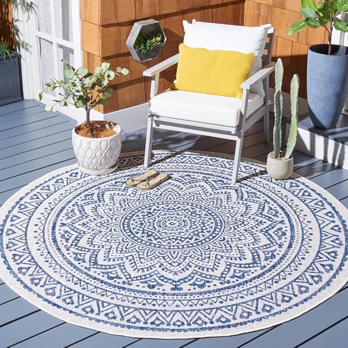 SAFAVIEH Washable Rug Outdoor Courtyard Collection - 6'7" Round, Ivory & Navy, Non-Shedding & Easy Cleaning, Ideal for Patio, Backyard, Mudroom (CY8734-53412)