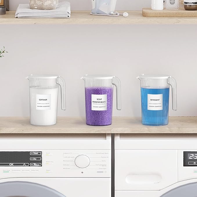 Lifewit Plastic Laundry Detergent Dispenser with Handle, 51oz Detergent containers with Fully Covered Dustproof Lid, 8 Lables, Softener, Beads Container for Laundry Room Organization, Clear, 2 Pack