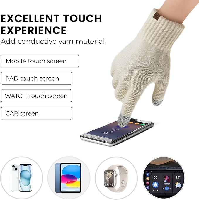 Womens Winter Beanie Hat Scarf Gloves Set, Knit Touch Screen Gloves Long Scarf Skull Caps Fleece Lined Winter Gift