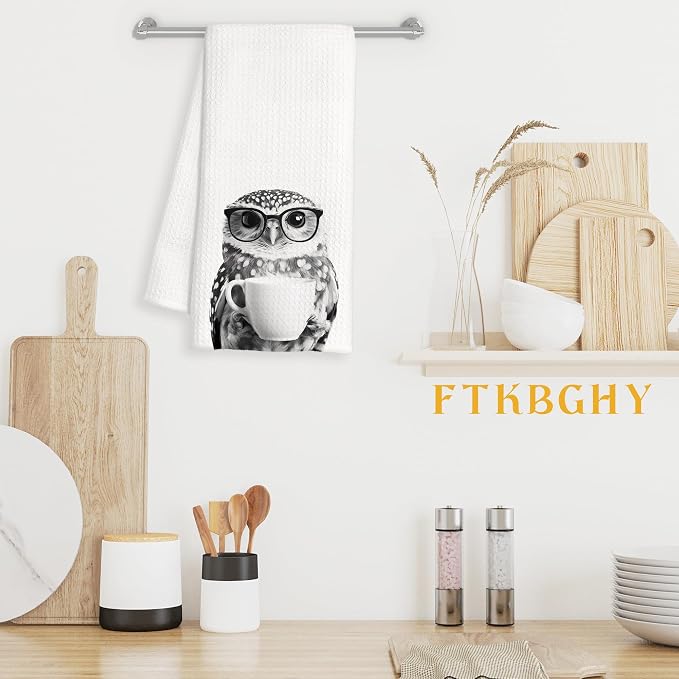 Funny Owl Decor Coffee Kitchen Towels Gift, Gifts for Owl Lovers, Coffee Gifts for Women, Animal Lover Gift Decorative Dish Hand Tea Towels for Kitchen Bar Decor, 16x24 Inch