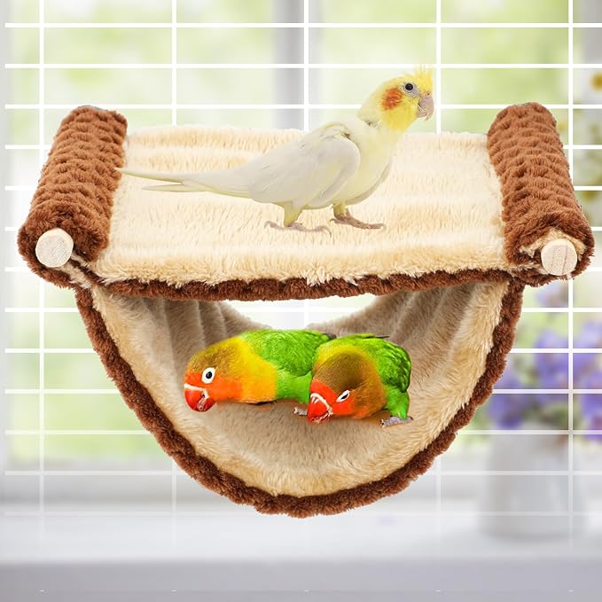 BWOGUE Bird Nest Bed Hanging Hammock, Parakeet Bed for Cage, Cockatiel Bed | Warm Fleece Snuggle Hut, Double-Layer Comfort, Wooden Perch Setup, Washable Hammock