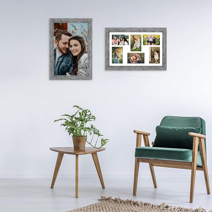 11x17 Picture Frame Display 6 picture frame collage 4x6,Multi Photo Frame with Mat,Plexiglass,Wall Mount Decor,Distressed White Wood Grain