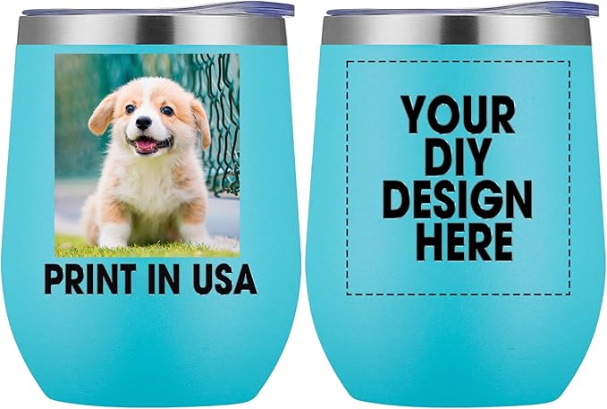Personalized Custom Wine Tumbler Print in USA 12oz Stainless Steel Travel Coffee Cup with Lid & Straw Double Wall Insulated Mug with Colorful Text Logo Photo