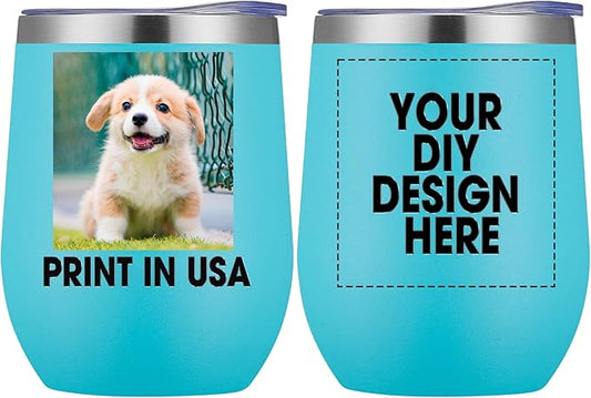 Personalized Custom Wine Tumbler Print in USA 12oz Stainless Steel Travel Coffee Cup with Lid & Straw Double Wall Insulated Mug with Colorful Text Logo Photo