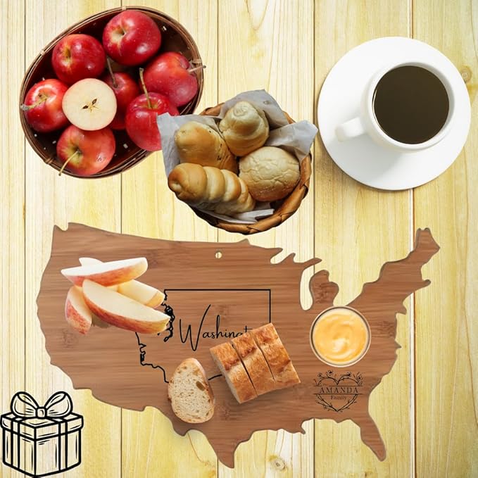 Personalized state-shaped and named date platters, carved wooden cutting boards, custom cheese boards as Mother's Day, wedding, housewarming gifts (Nan bamboo American shape 18x12x0.6in)