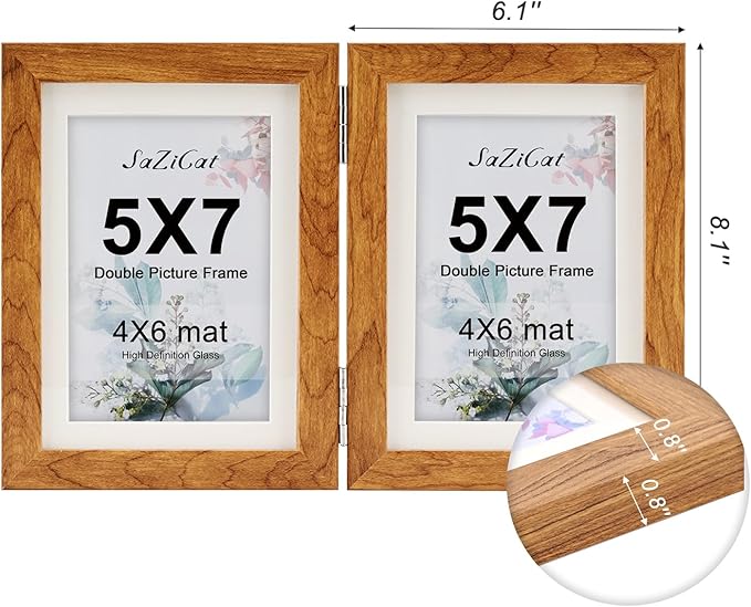 Double Hinged 5x7 Picture Frame with Tempered Glass-Tabletop or Wall Mounted, Display for 4x6 & 5x7 Photos (with/without Mat)-Rustic Brown, For Family Photos & Wedding Memories-Z57X2
