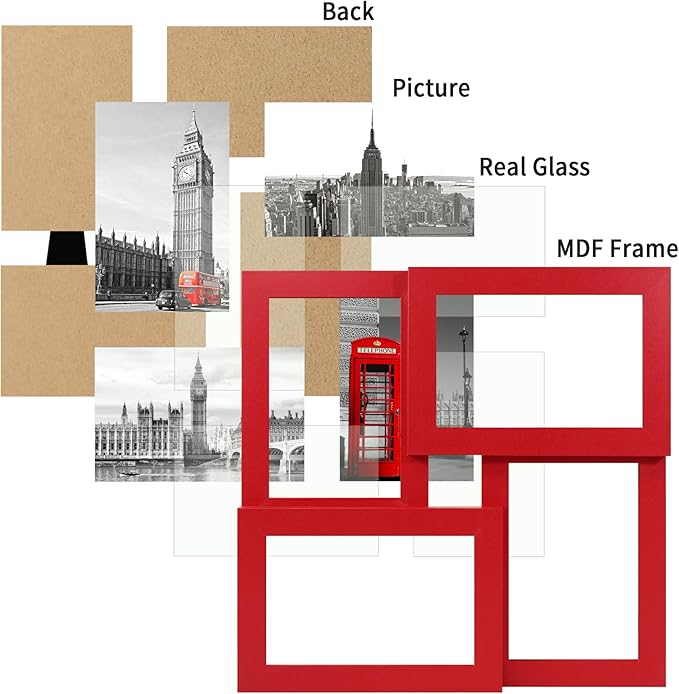 4x6 Collage Picture Frame,4 Photo Frame with Real Glass,Family Picture Frame Collage Wall Hanging or Tabletop Display,Red