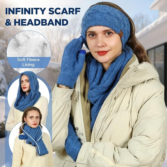 Womens Beanie Hat Infinity Scarf Touchscreen Gloves Fleece Headband 4 in 1 Winter Clothes Set Gifts for Women