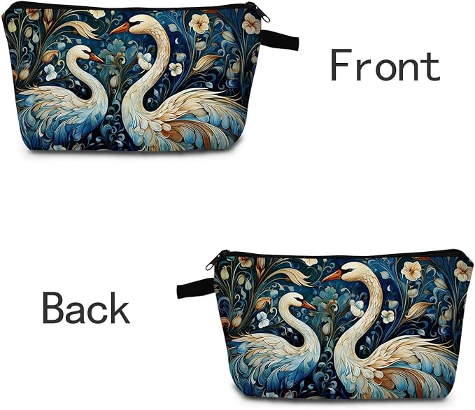 Swan & Floral Print Cosmetic Bag Nature Gift for Birthdays & Holidays Zippered Garden Organizer Travel Makeup Bag