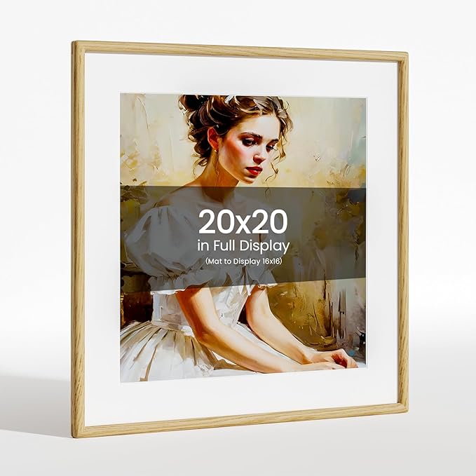 20x20 Picture Frame Natural Oak Wood From California-USA with Real Tempered Glass, Handcrafted 20x20 Photo Frame Matted to 16x16 Wedding Photo,Family Picture,Graduation Picture Display on Table & Wall