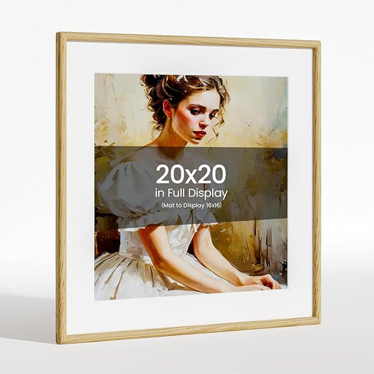 20x20 Picture Frame Natural Oak Wood From California-USA with Real Tempered Glass, Handcrafted 20x20 Photo Frame Matted to 16x16 Wedding Photo,Family Picture,Graduation Picture Display on Table & Wall