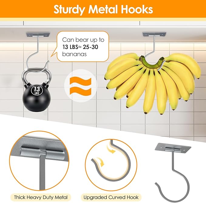 Self Adhesive Banana Hook Under Cabinet Foldable Banana Hanger Metal Under Counter Banana Hook to Keep Bananas Fresh Banana Holder for Kitchen RV Space Saving, Silver