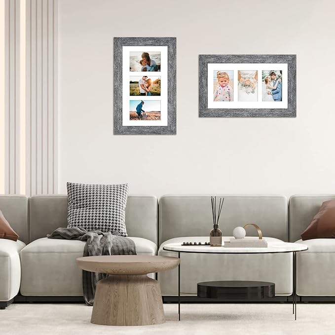 8x14 Picture Frame Display 3 opening 4X6 Picture Frame Collage,Multi Photo Frame with Mat,Plexiglass,Wall Hanging Decor,Grey Wood Grain