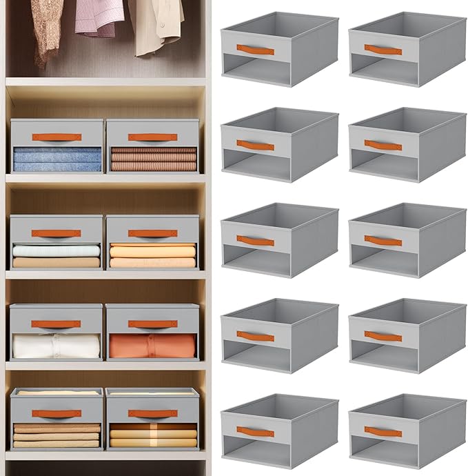 Drawer Organizers and Storage - 10 Pack Foldable Pants Organizer with Clear Window & Handles, Fabric Closet Organizer for Clothes, Jeans, Sweaters, Towels, T-shirt, Scarf (Grey)