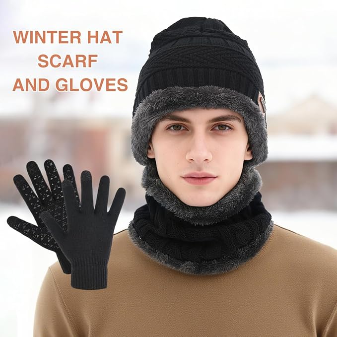 Winter Beanie Hat Scarf Glove Set for Women Snow Knit Thick Fleece Lined Ski Hat,Mens Warm Neck Warmer Touchscreen Mittens
