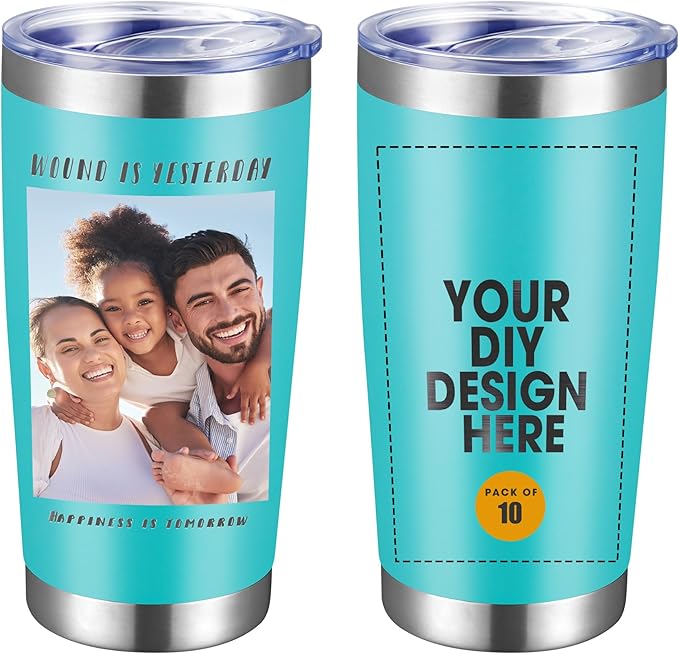 Personalized Custom Tumbler Print in USA 10 Pcs 20oz Stainless Steel Coffee Cup with Lid & Straw Double Wall Insulated Tumbler with Colorful Text Logo Photo