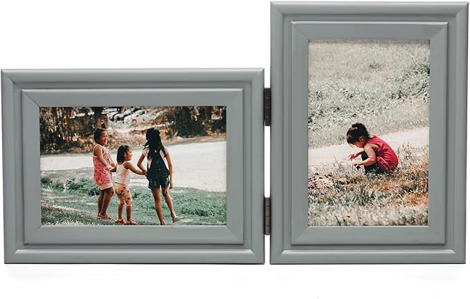 Horizontal & Verticall 4X6 Picture Frames Double Hinged Wood Folding Photo Frames with Real Glass Front Fit for Desktop or Tabletop, Gray XHUI-H64-V46