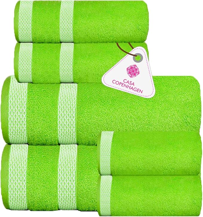 CASA COPENHAGEN Designed in Denmark 600 GSM 2 Large Bath Towels 2 Large Hand Towels 2 Washcloths, Super Soft Egyptian Cotton 6 Towels Set for Bathroom, Kitchen & Shower - Lime Green