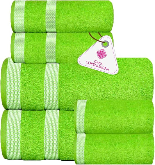 CASA COPENHAGEN Designed in Denmark 600 GSM 2 Large Bath Towels 2 Large Hand Towels 2 Washcloths, Super Soft Egyptian Cotton 6 Towels Set for Bathroom, Kitchen & Shower - Lime Green