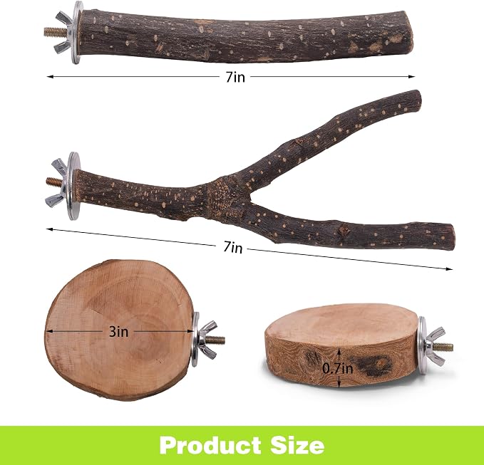8PCS Bird Perches Set Natural Apple Wood Bird Cage Accessories Wooden Parrot Stand Hardwood Branches for Parakeets, Budgies, Cockatiels Small Bird Habitat Gym, Climbing Stand & Safe Chew Toys