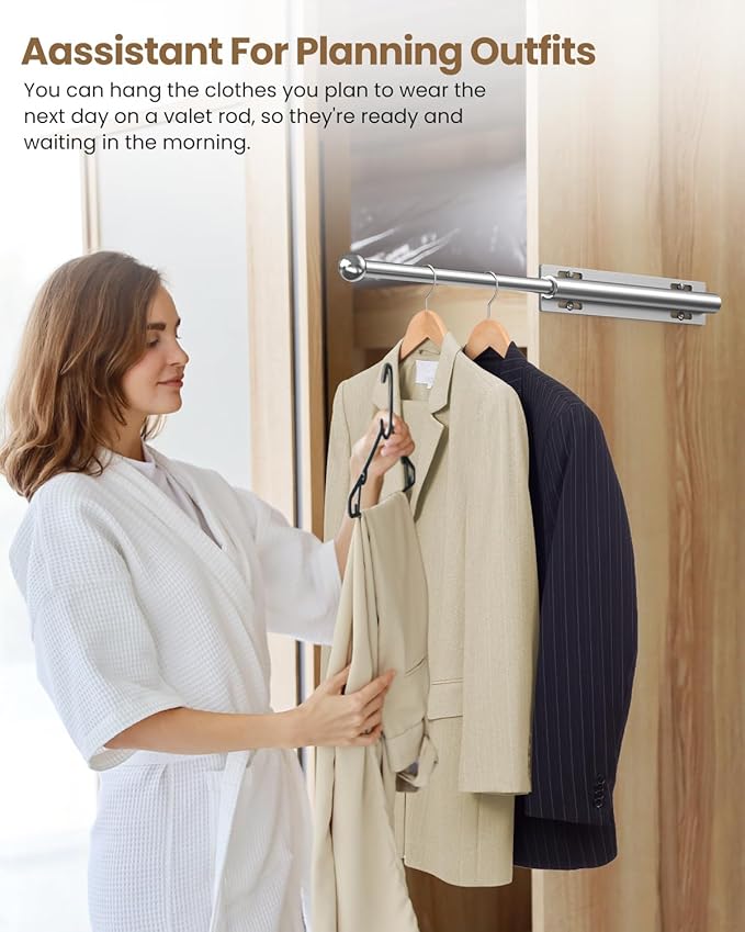 Valet Rod for Closet Pull Out, Retractable Slide Out Valet Rod Closet Organization, 12" Aluminum Valet Clothing Hanger Rods Perfect for Suits, Freshly Pressed Clothes, Polished Chrome