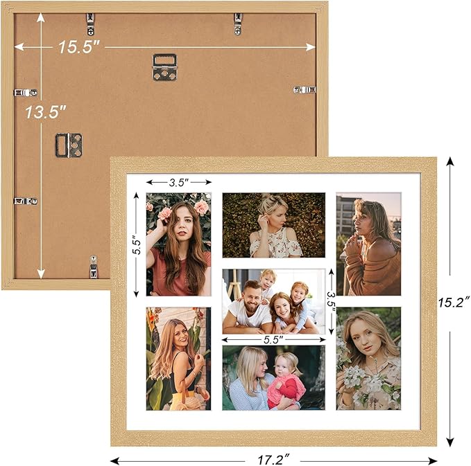 13.5x15.5 Collage frame with 7 Openings 4X6 Pictures, Multiple Picture Frame with Mat, Wall or Tabletop Decor, Natural Wood Grain,2 Pack