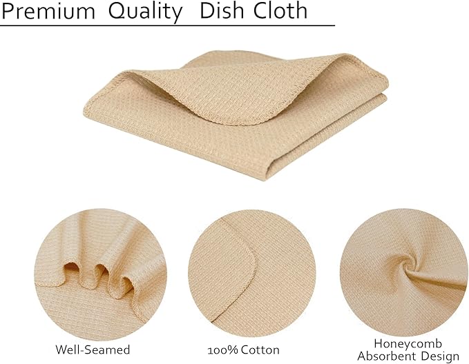 PurpleEssences Dish Cloths and Dish Rags - 8 Pack Waffle Weave Solid Kitchen Dish Wash Cloths, 100% Cotton, 12 x 12 Inches, Ultra Soft Absorbent Quick Drying - Christmas Holiday Winter - Beige