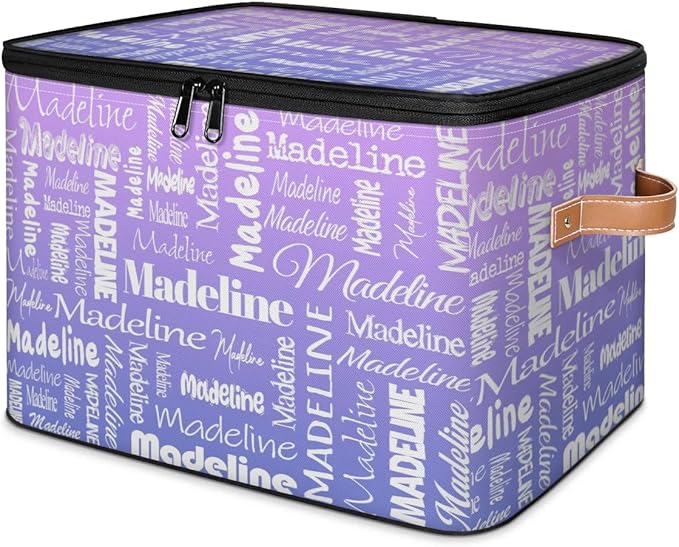 Custom Storage Basket with Name, Personalized Keepsake Box with Zipper Lid, Foldable Fabric Memory Bin Large capacity with Handle Purple