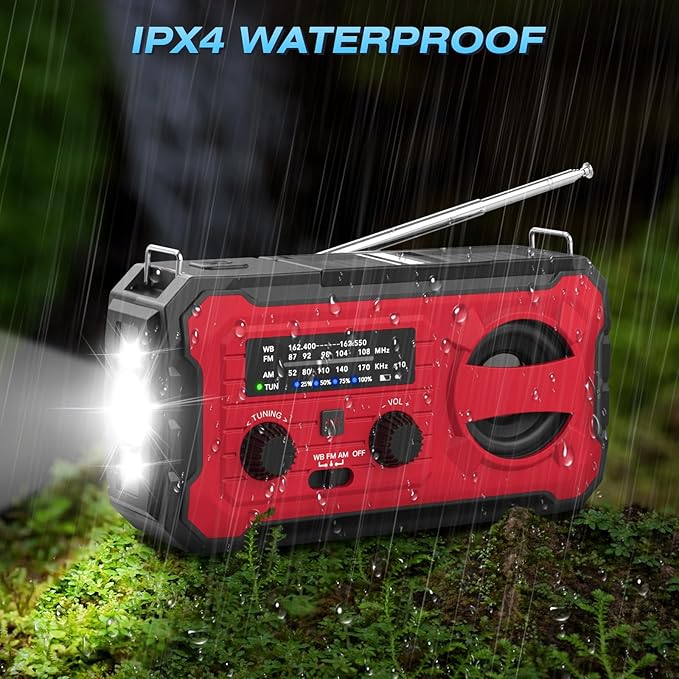 10000mAh Emergency Radio, NOAA Weather Radio with AM/FM, 37000mWh Rechargeable Phone Power, USB/Solar/Hand Crank Charging, LED Flashlight, SOS Alarm, Reading Lamp for Indoor/Outdoor Emergencies