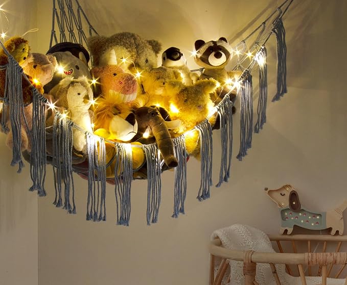 RelaxScene Stuffed Animal Hammock Corner Storage with LED Light - Bluey Room Decor for Girls - Teddy Bear Stuffy Hammock - Cute Blue Things for Bedroom - Wall Ceiling Hanging Decor