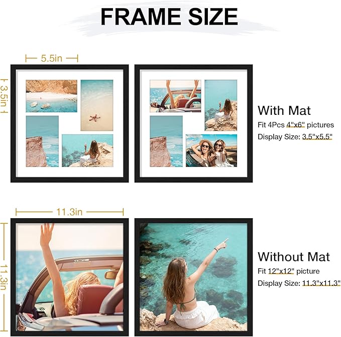 Vittanly 12x12 Collage Picture Frame, Displays 4Pcs 4x6 Pictures with Mat or 1Pc 12x12 without Mat, Picture Frames Collage Wall Decor for Display, Black, 1 Pack