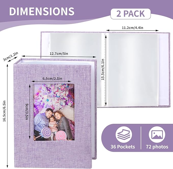 vivinin 2 Pack Photo Album 5x7, Linen Cover Photo Book, Small Photo Album Book for 36 Pockets Hold 72 Pictures, Picture Book for Photos Family Anniversaries Baby Vacations (Purple)