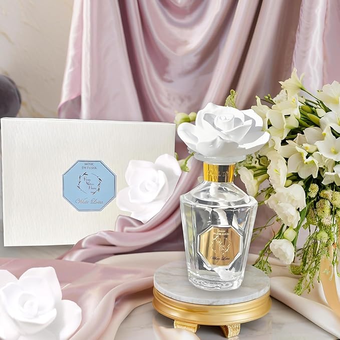 Reed Diffuser Set, Pretty Valley Home Diffuser Rose Petals Gypsum White Flower Oil 100Ml / 3.38fl OZ Gift Box for Bathroom Office Bathroom Living Room Decor (White Lotus)